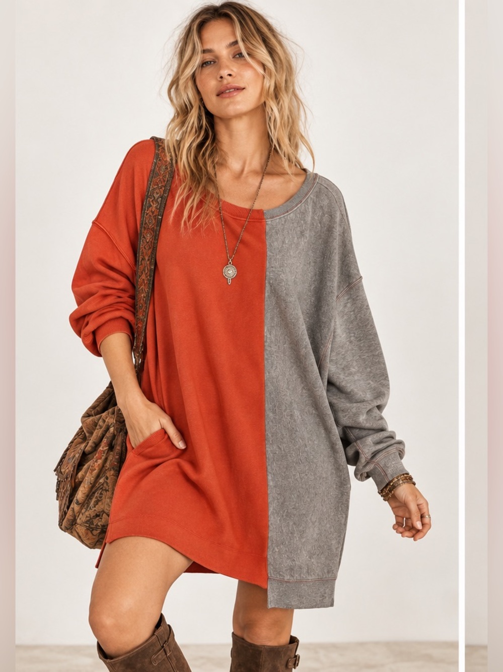 Free People Colorblock Scoop Neck Boho 90’s Oversized Sweater Orange & Gray